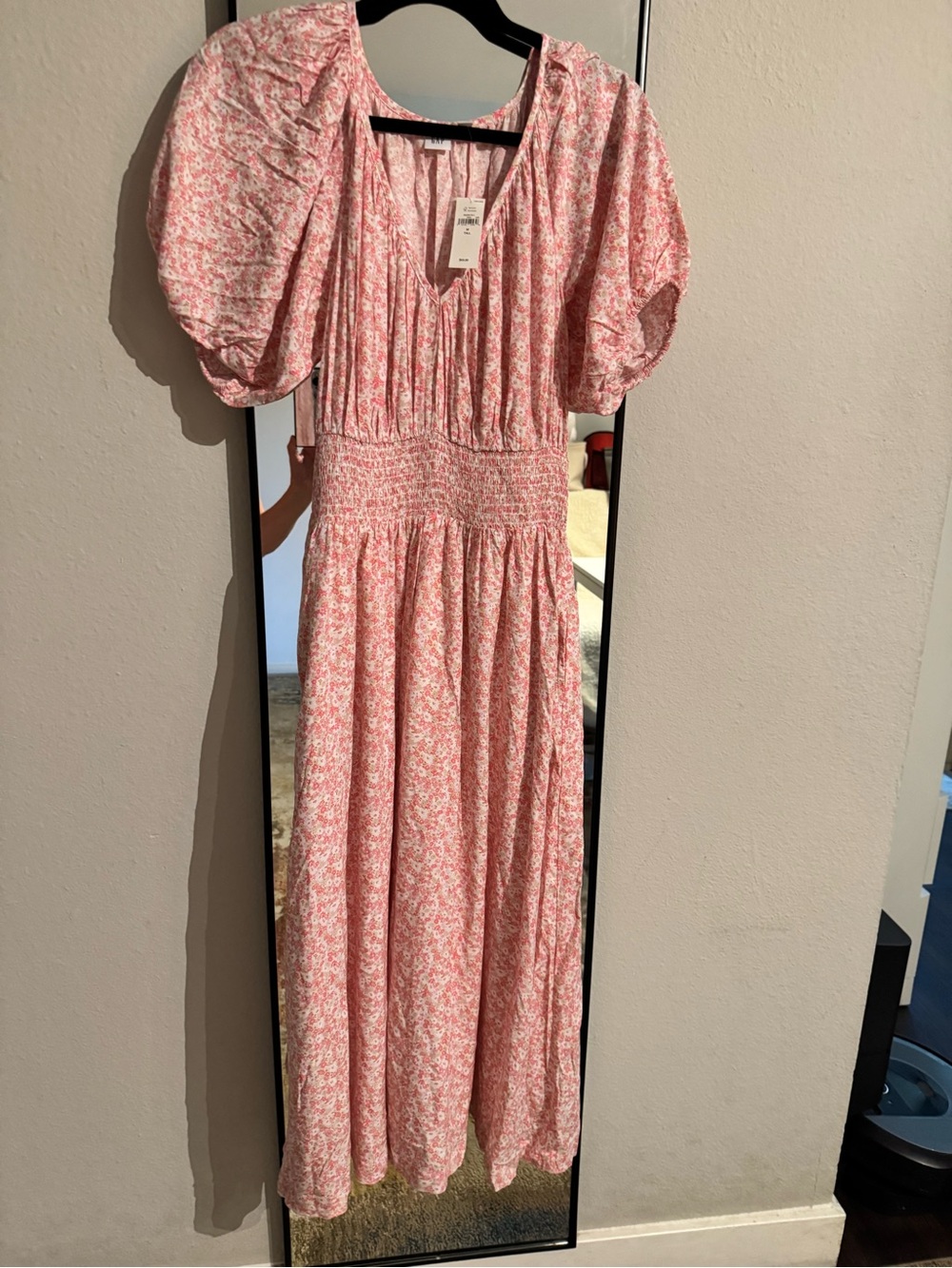 GAP Pink Floral Smocked-Waist Maxi Dress with Puff Sleeves